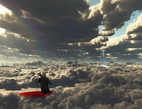 Surrealistisk Målning Människan Flyter Rött Paraply — Stockfoto