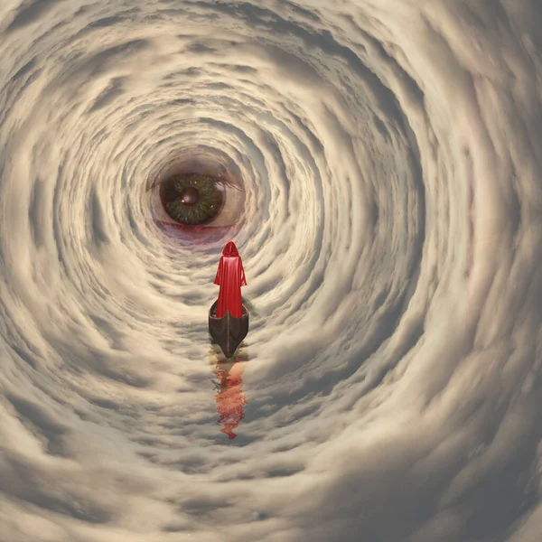 Figure in red robe floating in space tunnel with God\'s eye. 3D rendering