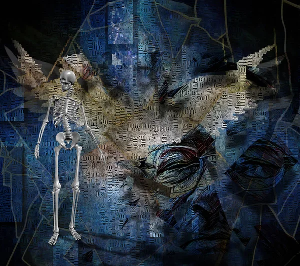 Szürrealizmus Angel Szárnyai Szemüveges Férfi Arca Szavak Csontváz Jelenti Halált — Stock Fotó