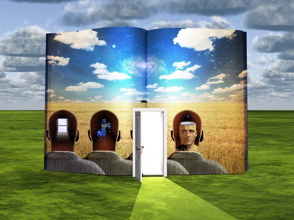 Surrealismo Libro Con Porta Aperta Pensieri Nella Testa Degli Uomini — Foto Stock