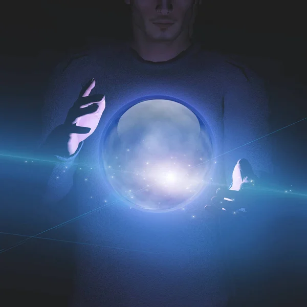 Hovering sphere near hands. 3D rendering