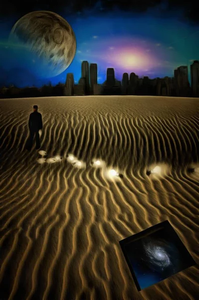 Сюрреалистичная Картина Бизнесмен Теряет Лампочки Пустыне Гигантская Луна Над Городом — стоковое фото