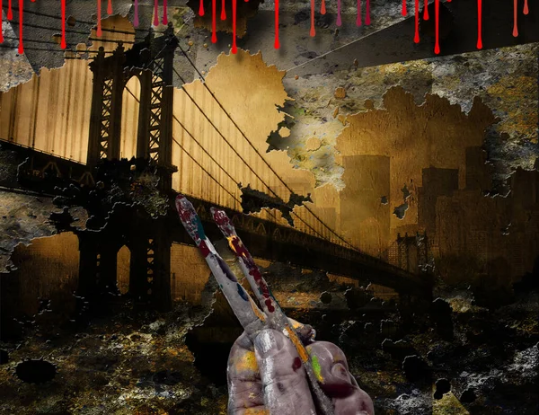 Бруклинский Мост Нью Йорк Живопись Художником Руки Кисти — стоковое фото