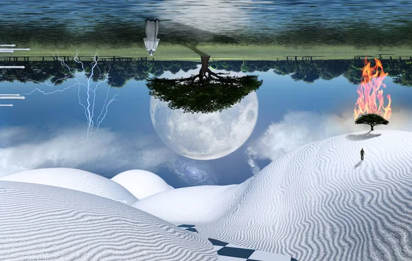 Нереальная Белая Пустыня Горящее Зеленое Дерево Песчаной Дюне Фигура Человека — стоковое фото