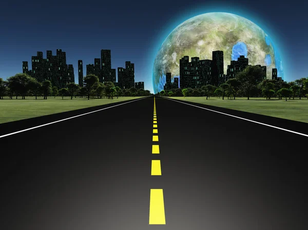 未来の地球上の道路から見た Terraformed ムーン — ストック写真