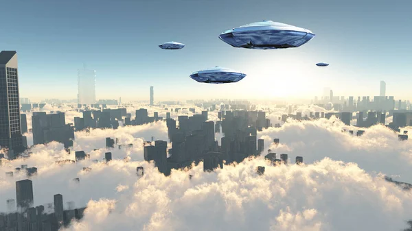 Repülő Csészealjak Futurisztikus Megapolis Felett Hajnal — Stock Fotó