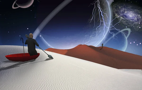 Een Surrealistisch Schilderij Een Man Een Rode Paraplu Drijvend Een — Stockfoto