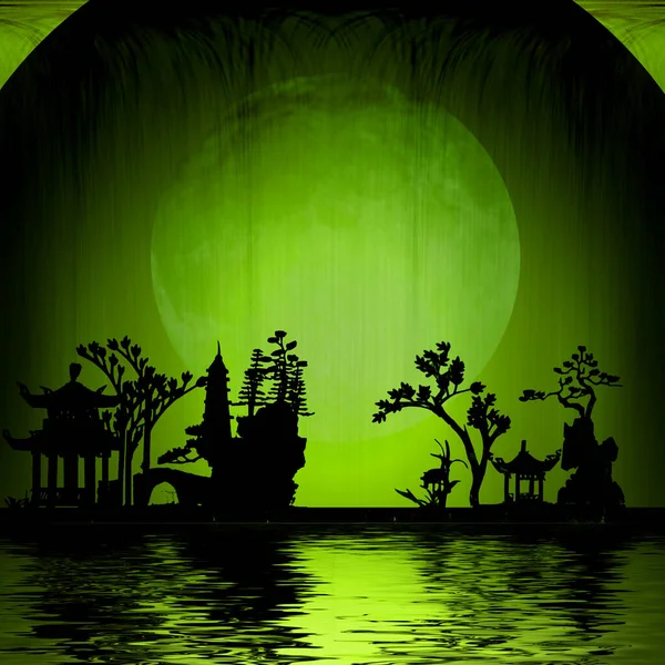 Paysage Asiatique Avec Lune Rendu — Photo