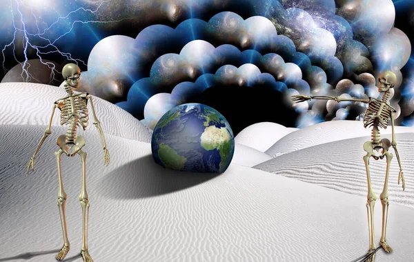 Surrealistiska Öknen Med Skelett Och Globe Blixtnedslag Himlen Multilayered Utrymme — Stockfoto