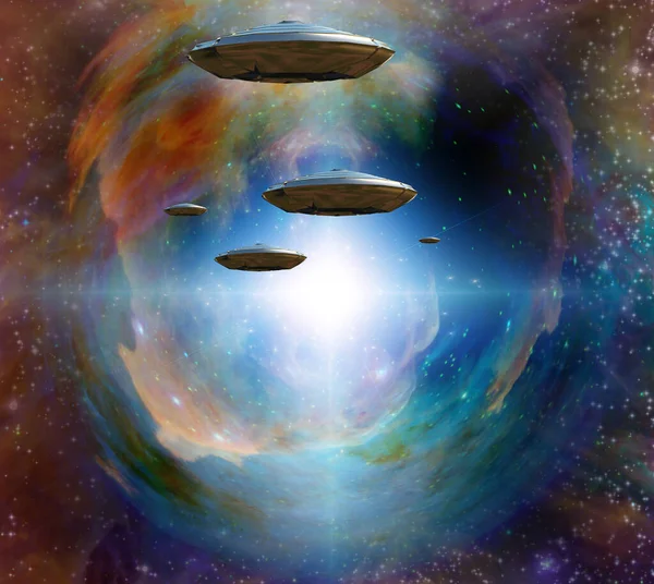 Flying Saucers Colorful Universe — Stock Photo, Image