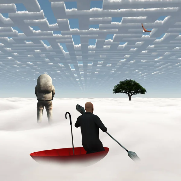 Een Surrealistisch Schilderij Man Drijft Een Rode Paraplu Figuur Van — Stockfoto