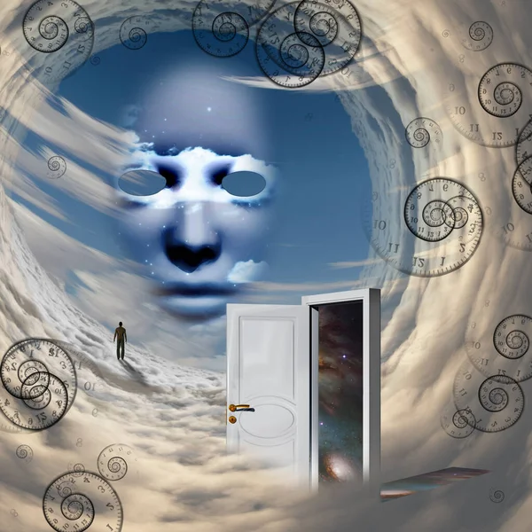 Beyaz kapı, Tanrı 'nın yüzü, bulutların üzerinde yürüyen adam.