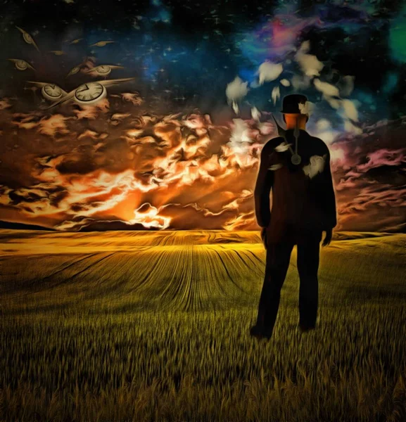 Surreal Painting Man Suit Stands Green Field Winged Clocks Represents — Stock Photo, Image
