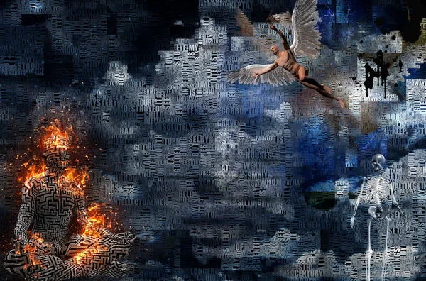 Абстрактные Облака Слова Горящий Человек Позе Лотоса Образец Лабиринта Коже — стоковое фото