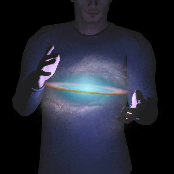 Man Holds Galaxy His Hands — Stock Photo, Image