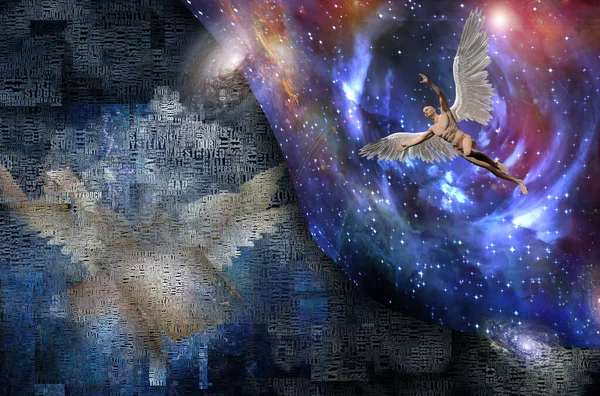 Abstrakte Wolken Und Flügel Nackter Mann Mit Flügeln Stellt Engel — Stockfoto