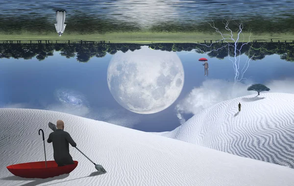 Pintura Surrealista Hombre Paraguas Rojo Flotando Desierto Blanco Otro Hombre —  Fotos de Stock
