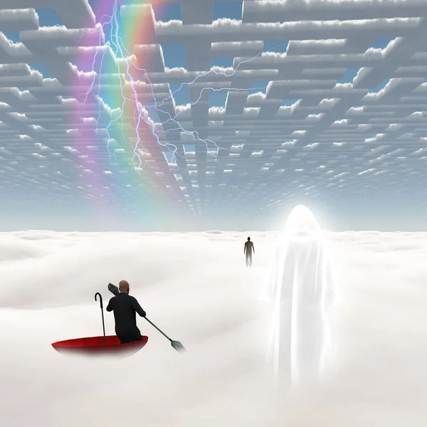 Surreal Painting Man Red Umbrella Floating Field Clouds Shining Cloak — Stock Photo, Image