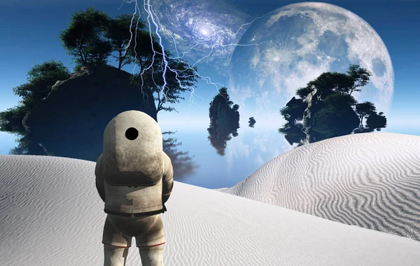 宇宙飛行士は超現実的な白い砂漠に立っている 緑の木の島 大きな月が昇る — ストック写真