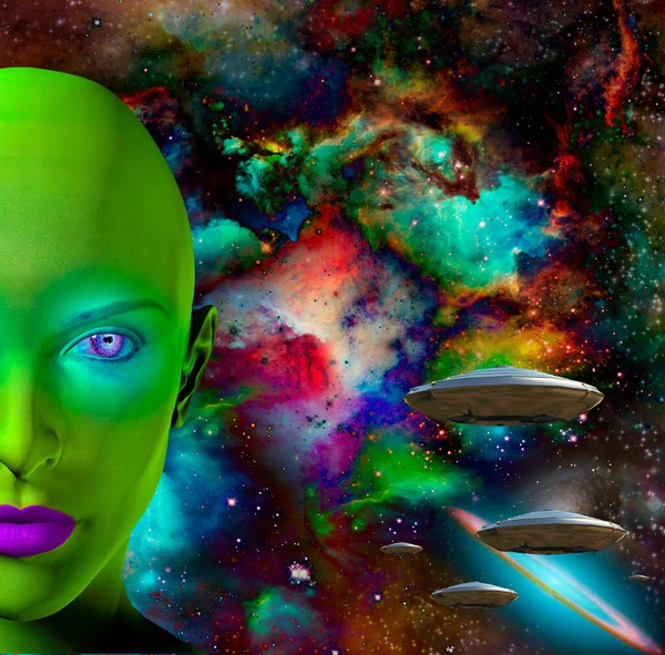 Rostro Una Alienígena Platillos Voladores Universo Colores Sobre Fondo — Foto de Stock