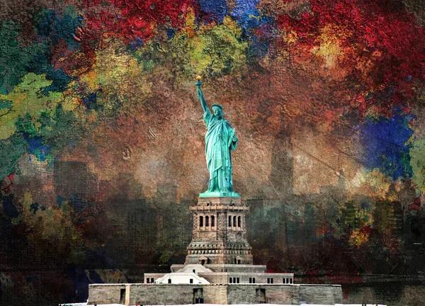 Statua Libery Panorama Manhattanu Renderowanie — Zdjęcie stockowe