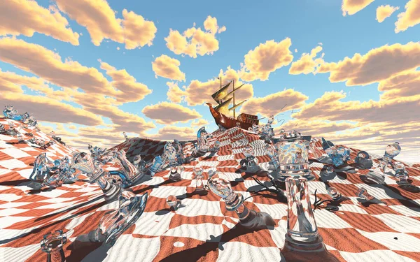 Satranç tahtası çöl kumulunda yelkenli gemi arması