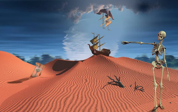 Surrealistyczna Pustynia Starożytnym Statkiem Wydmie Szkielecie Klepsydra Statek Niebie — Zdjęcie stockowe