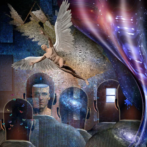 现实主义 男人的头脑有不同的想法 有翅膀的裸体男人代表天使 — 图库照片