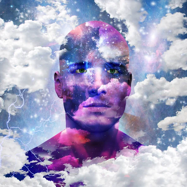 Чоловік Голова Зірками Хмарами — стокове фото