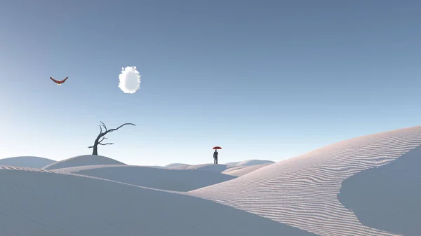 Hombre Desierto Con Árbol Desnudo Luna Surreal Haunting Desert Concept —  Fotos de Stock