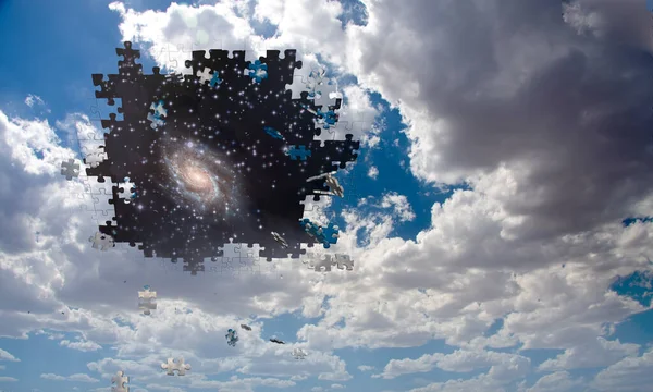 Puzzle Piece Daytime Sky Reveals Night Sky — Stock Photo, Image