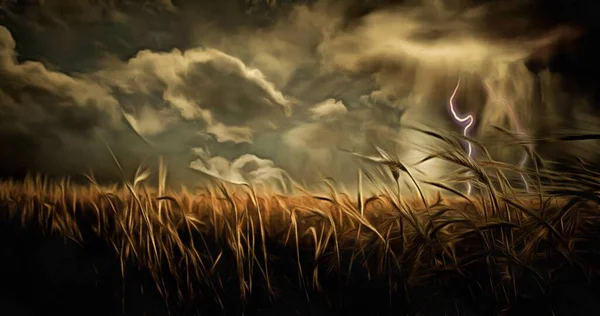 Картина Маслом Драматичні Штормові Хмари Над Полем Пшениці — стокове фото