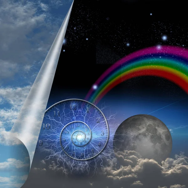 シュールレアリズム オープンスペースで虹 月と雲 時間の螺旋 — ストック写真