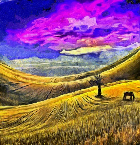 Ölmalerei Pferd Auf Dem Feld Gelber Mondaufgang Über Dem Berg — Stockfoto