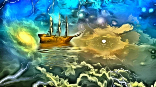 Surreal Painting Ancient Ship Sky — Stock Photo, Image