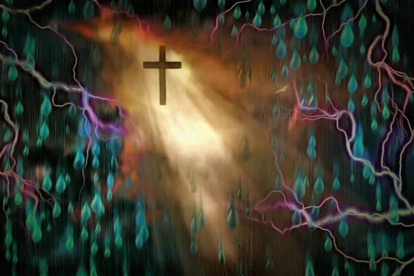 Surreal Painting Cross Ray Light Raindrops — Stock Photo, Image