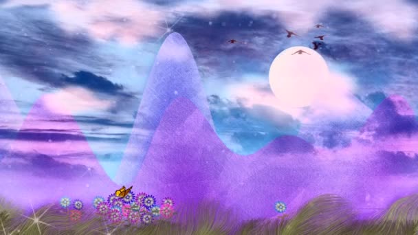 Мультяшна Ілюстрація Ромашки Метелики Місяць Хмарному Небі Фіолетові Гори — стокове відео