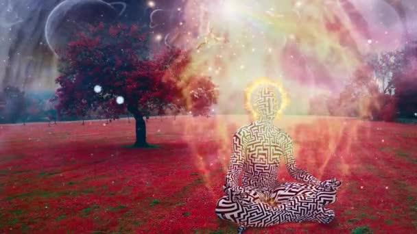 精神的な構成 燃える頭の男は超現実的な風景の中に蓮のポーズで瞑想 — ストック動画