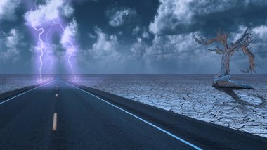 Çöl fırtınasında yol bomboş. 3B görüntüleme