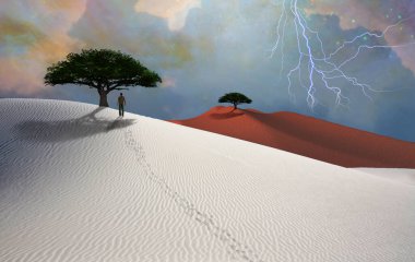 Beyaz çöl. Gökyüzünde şimşek çaktı. Yeşil ağaçlar. Uzaktan bakınca insan figürü..