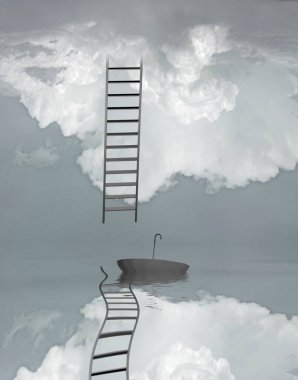 Suda yüzen şemsiye ile merdiven yansıyan