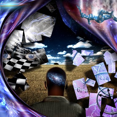 Karmaşık soyut resim. Zamanın ve çarpık uzayın müritleri. Satranç tahtası desenli kadın yüzü, kadın figürü düşüyor..