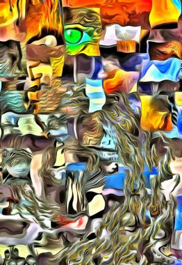 Karmaşık sürreal resim. Kare parçalar, balık girdabı.