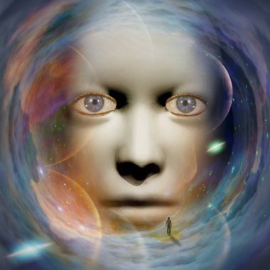 Evrenin arka planına sahip insan yüzü