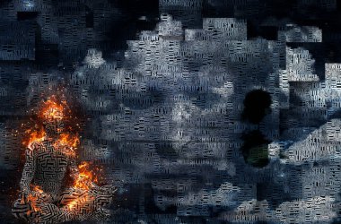 Soyut bulutlar. Kelimeler. Lotus pozunda yanan adam. Derisinde labirent deseni var.. 