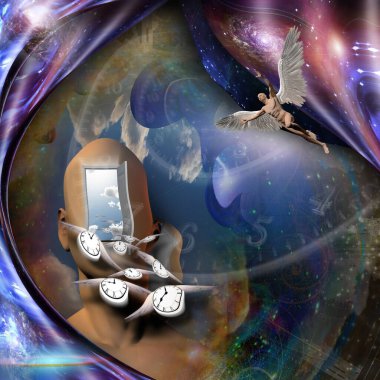 Sürrealizm. Başka bir dünyaya açılan kapısı olan bir adam. Kanatlı çıplak adam meleği temsil ediyor. Bükülmüş boşluk.