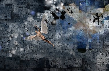 Soyut bulutlar. Kelimeler. Kanatlı çıplak adam meleği temsil ediyor..