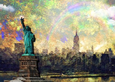 Libery Heykeli ve Manhattan Panorama. 3B görüntüleme