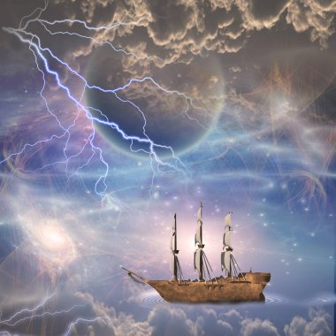 Harika bir manzarayla yelkenli gemi.