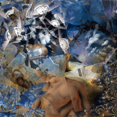 Soyut resim. Yüzü yerine başka bir dünyaya açılan kapıyı açan çıplak bir adam. Diğer boyutlar. Kanatlı saatler zamanın akışını temsil eder..